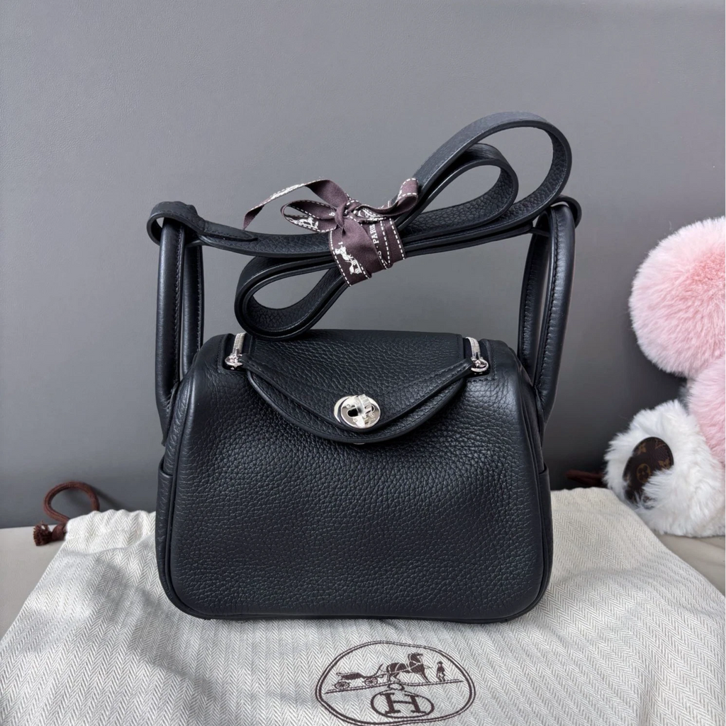 Hermes Lindy Mini Top Handle Shoulder Bag Black Silver Women Classic