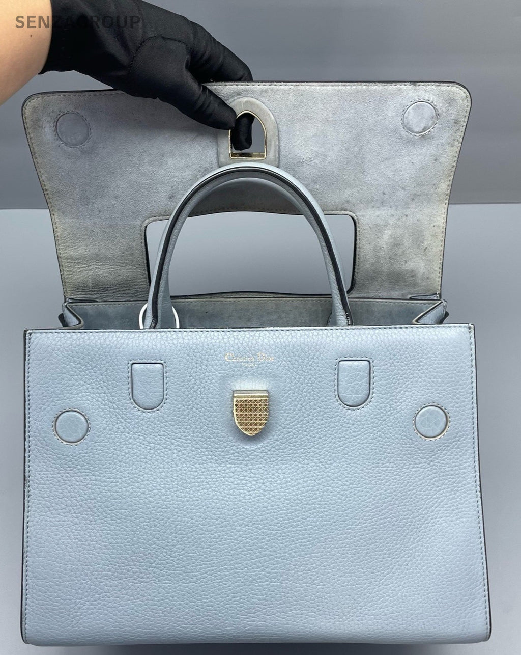 Christian Dior D-Shield Tote Top Handle Shoulder Crossbody Bag Dusty Blue Women