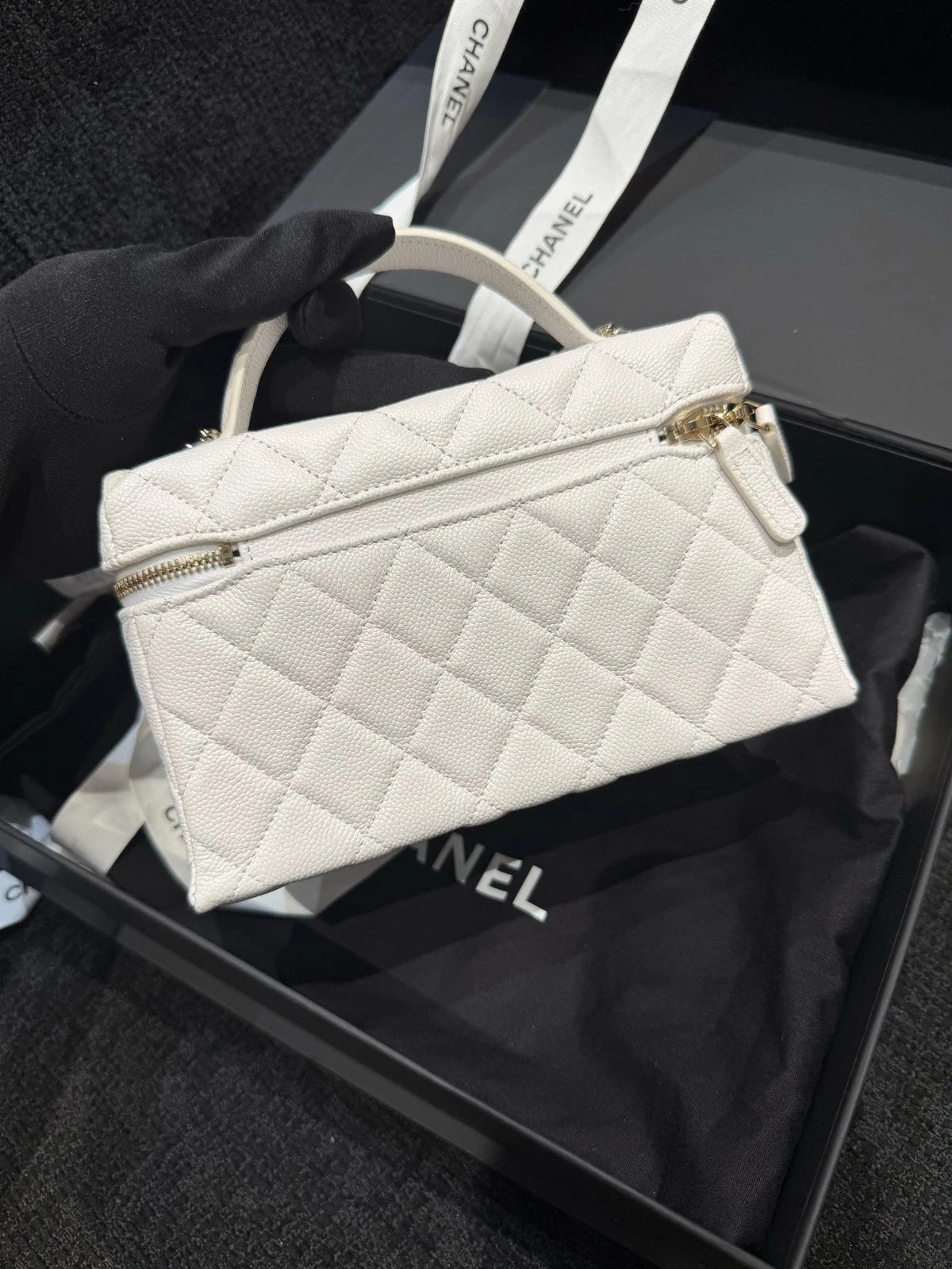 CHANEL White Gold Top Handle Lunch Box Bag For Women