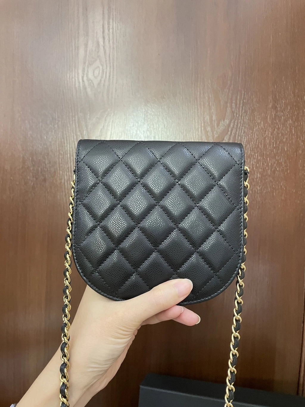 Chanel Black Gold Caviar Leather Star Saddle WOC Chain Bag For Women
