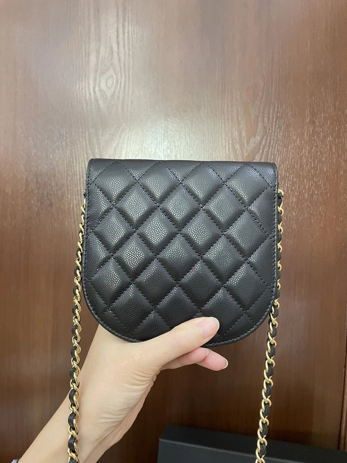 Chanel Black Gold Caviar Leather Star Saddle WOC Chain Bag For Women