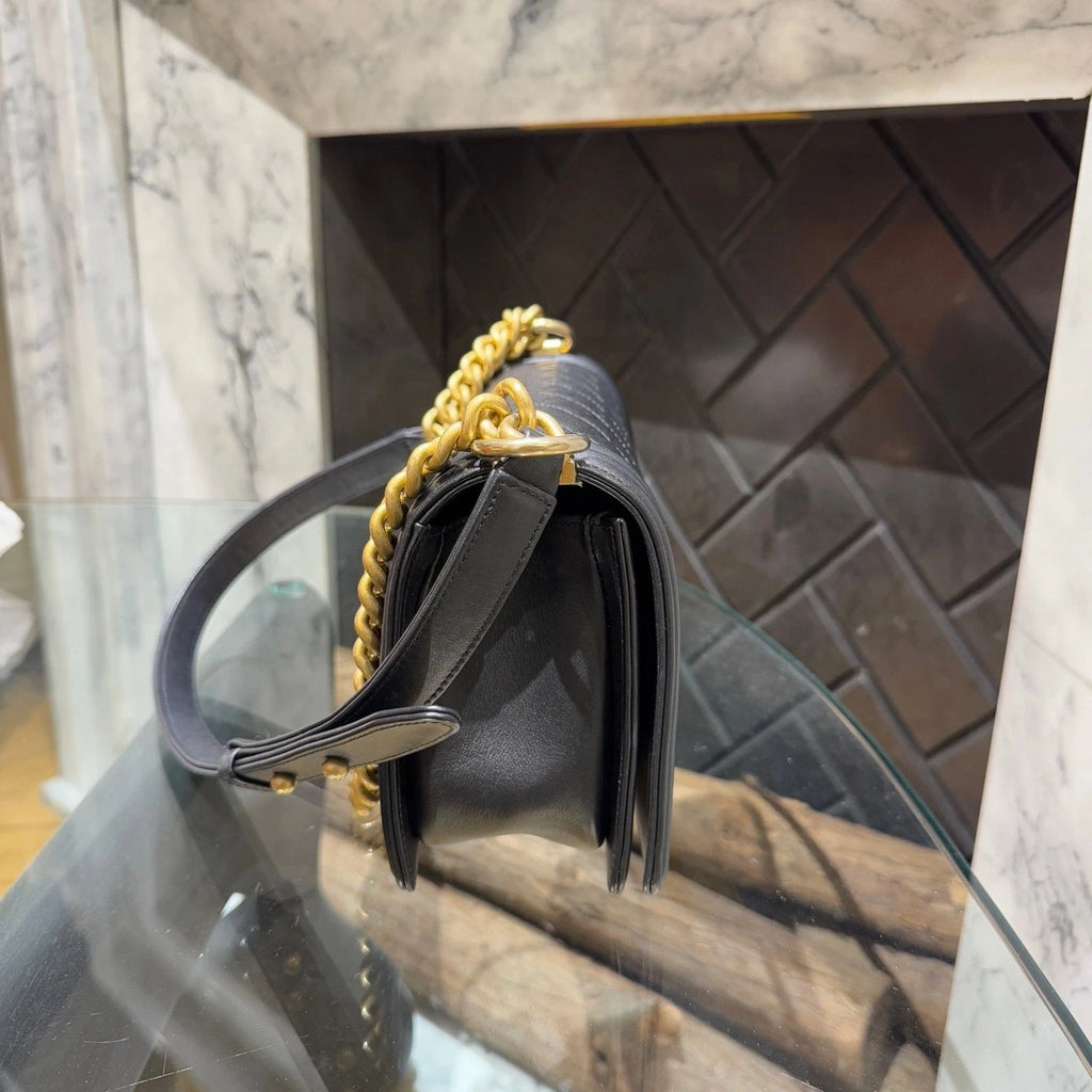 CHANEL Leboy Medium Lambskin Black Gold Shoulder Bag For Women