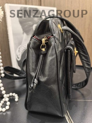 Vintage Chanel Black Gold Lambskin Quilted Shoulder Bag Classic Women