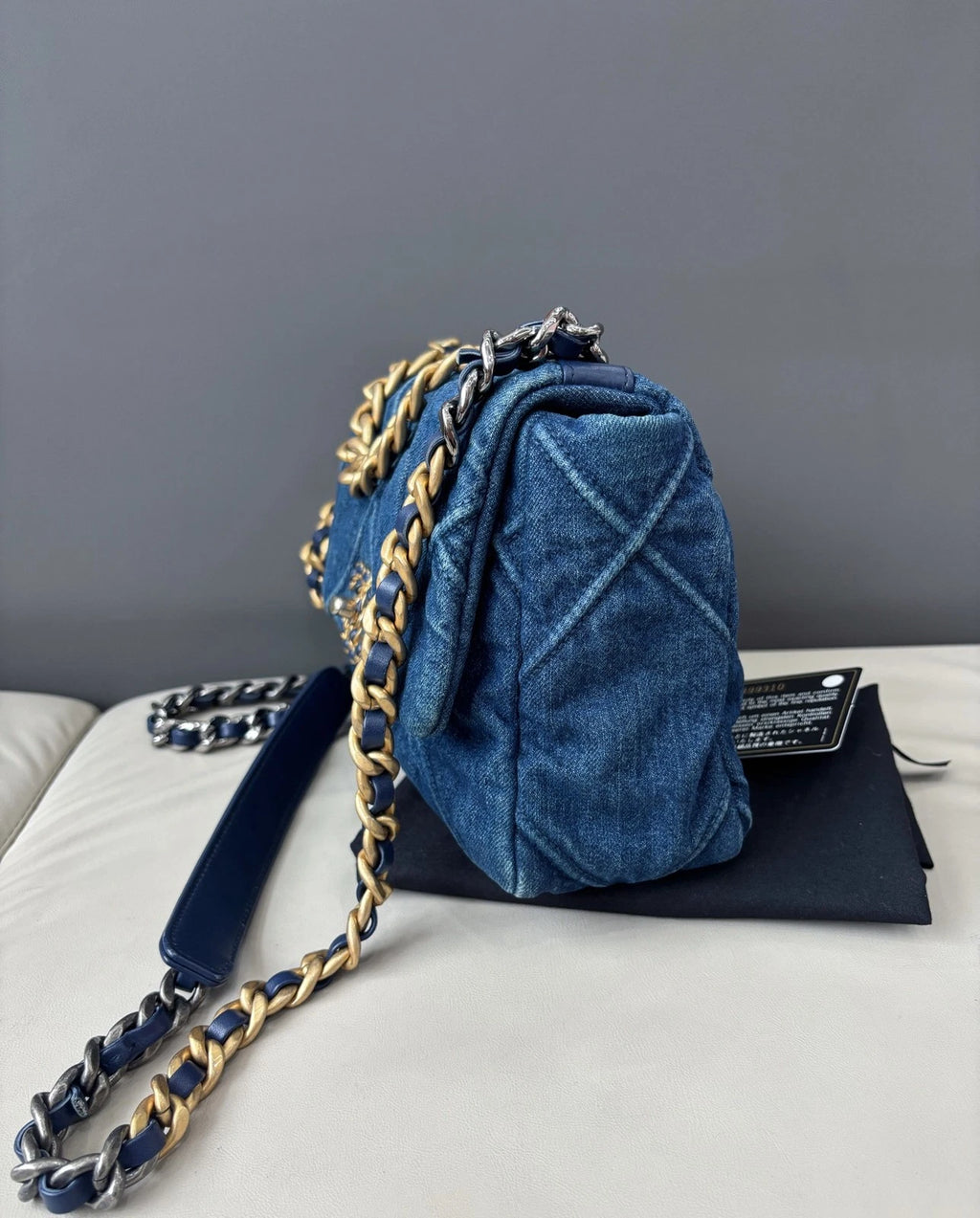 Chanel 19 Small Denim Flap Crossbody Bag Everyday Shoulder Bag Deep Blue Gold
