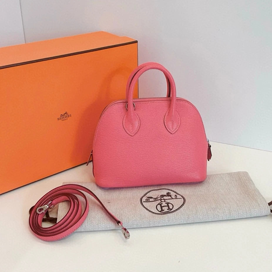 Hermes Bolide Mini Lambskin Top Handle Crossbody Pink Silver Women Classic