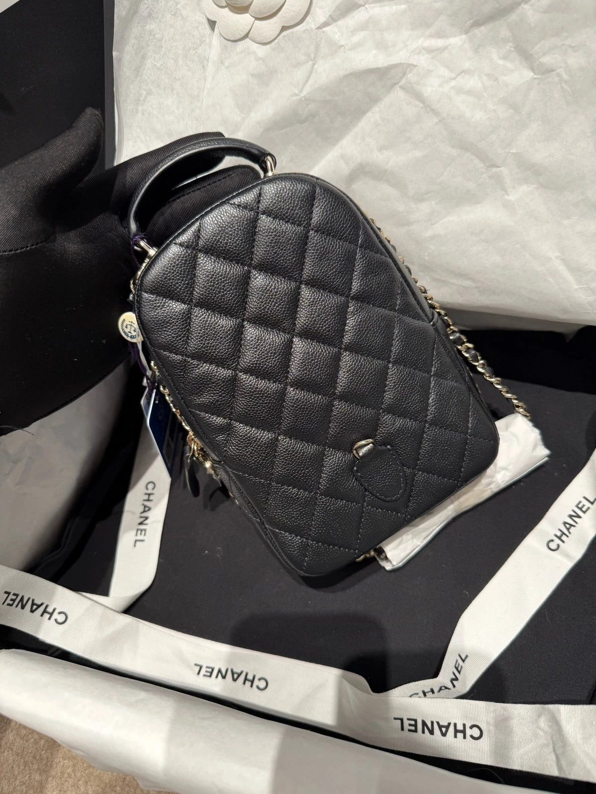 CHANEL Black Gold Caviar Leather Mini Backpack For Women