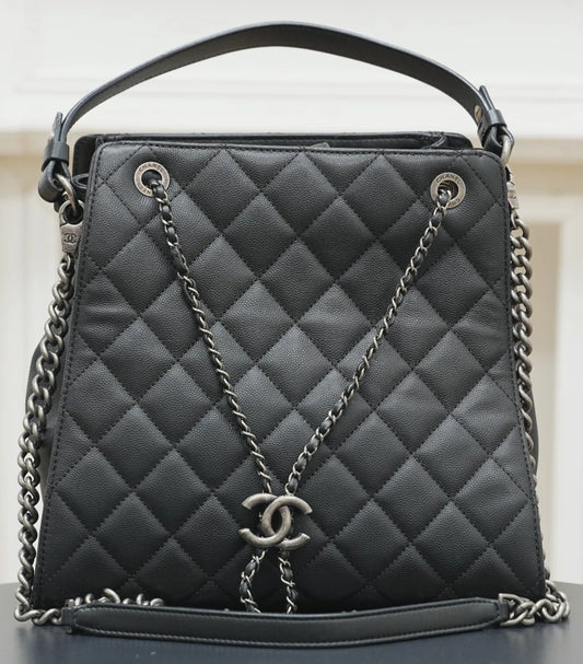 CHANEL CC Top Handle Diamond pattern Chain Shoulder bag Black Silver Women