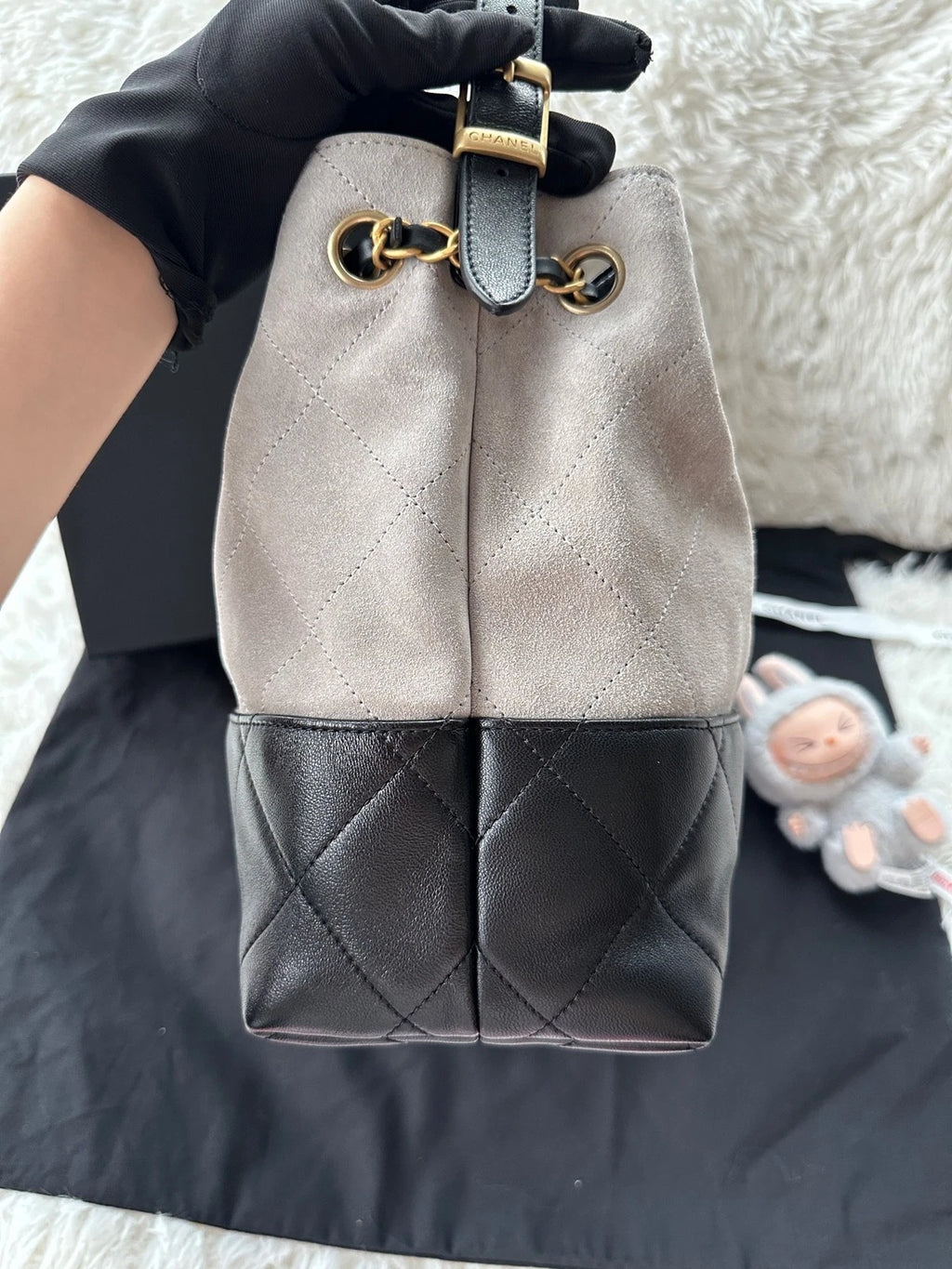 New CHANEL Gray Black Suede Leather Hobo Tote Shoulder Handbag Women
