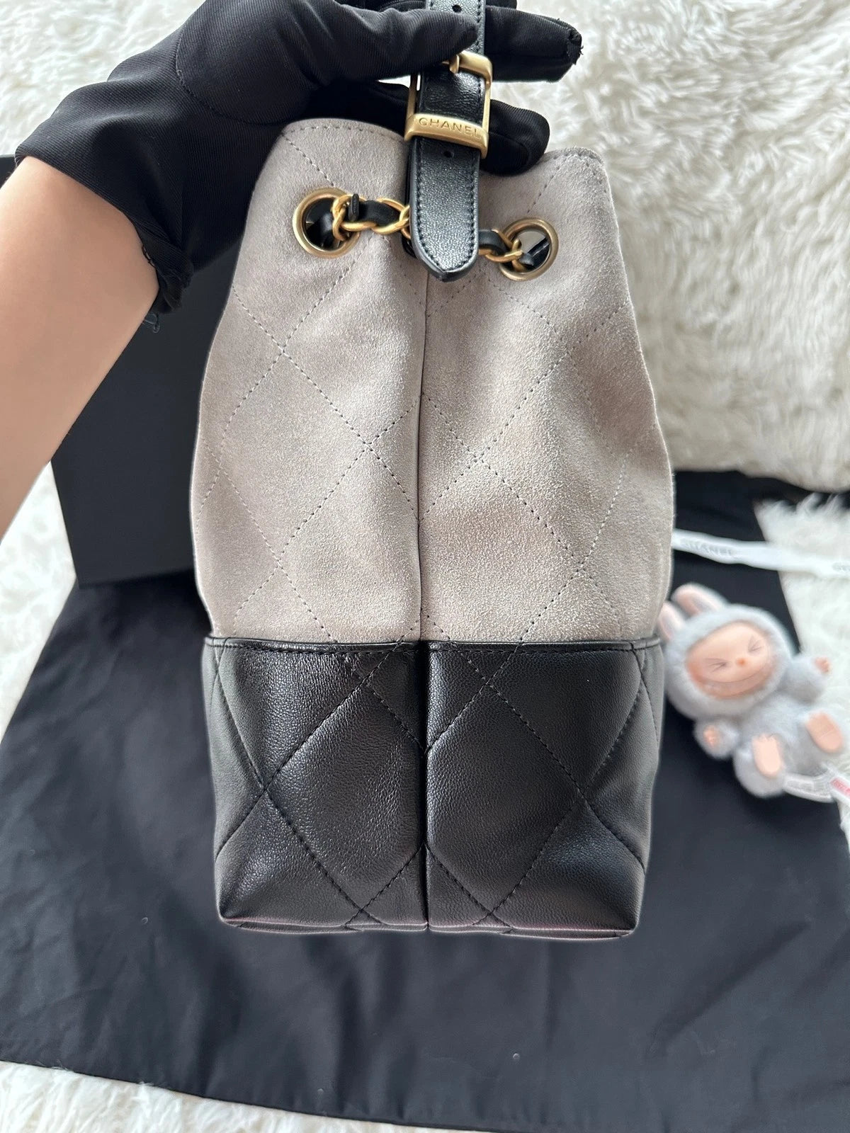 New CHANEL Gray Black Suede Leather Hobo Tote Shoulder Handbag Women