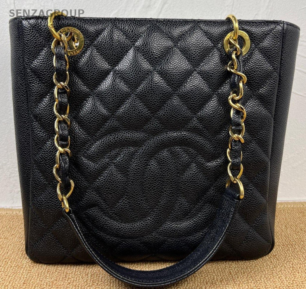 Chanel PST Calfskin Chain Shoulder Bag Black Gold Women Classic