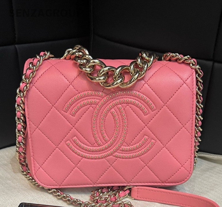 Chanel Diamond Chain Shoulder Bag Pink Gold Used Women Classic Fashion