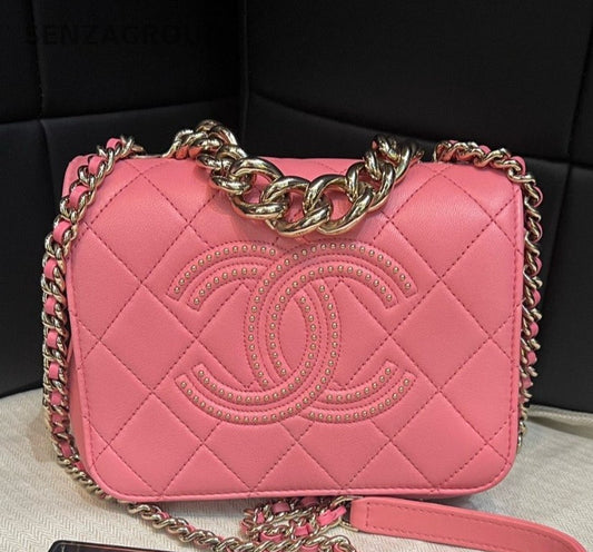 Chanel Diamond Chain Shoulder Bag Pink Gold Used Women Classic Fashion