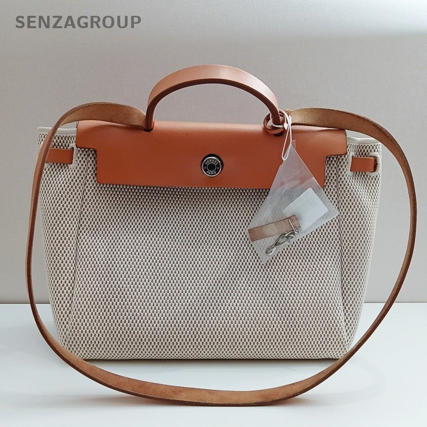 Hermes Herbag Vintage Top Handle Bag Crossbody Beige Orange Silver Women Classic