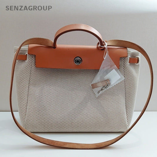Hermes Herbag Vintage Top Handle Bag Crossbody Beige Orange Silver Women Classic