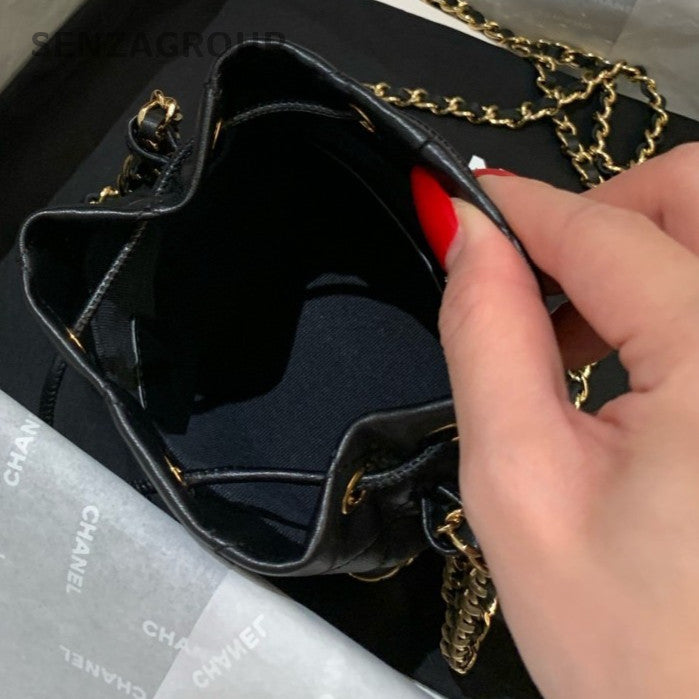 CHANEL Bucket Drawstring Lambskin Diamond Pattern Chain Shoulder bag Black Gold