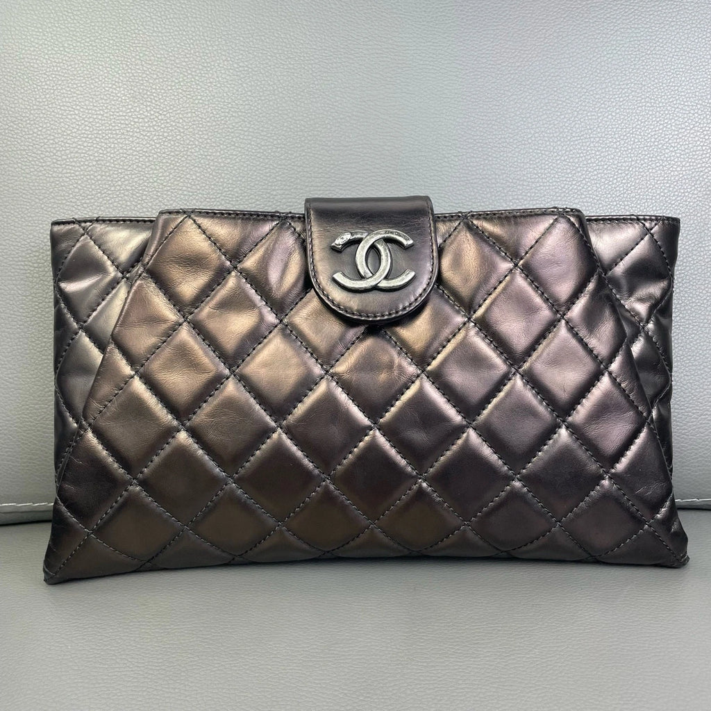 Chanel Quilted Chocolate Brown Leather Envelope Clutch For Women