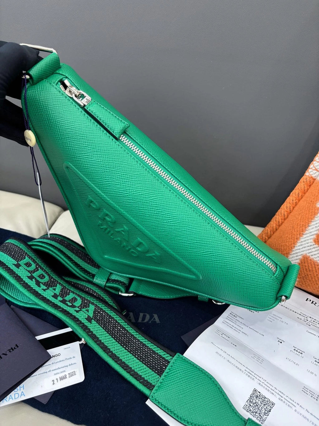 Prada Calfskin Triangle Crossbody Green Silver Women Classic