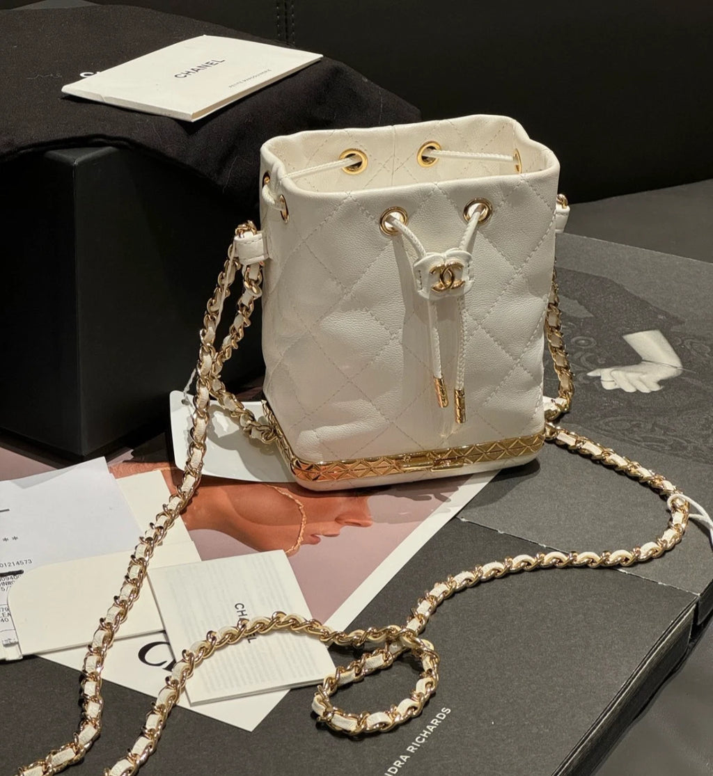Chanel Diamond Chain Bucket Shoulder Bag Crossbody White Gold Women Classic
