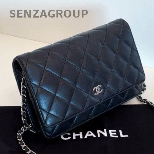 Chanel WOC Chain Lambskin Diamond Shoulder Bag Black Silver Used Women Classic