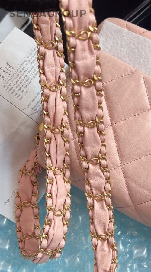 Chanel Calfskin Chain Shoulder Bag Pink Gold Used Women Classic Designer
