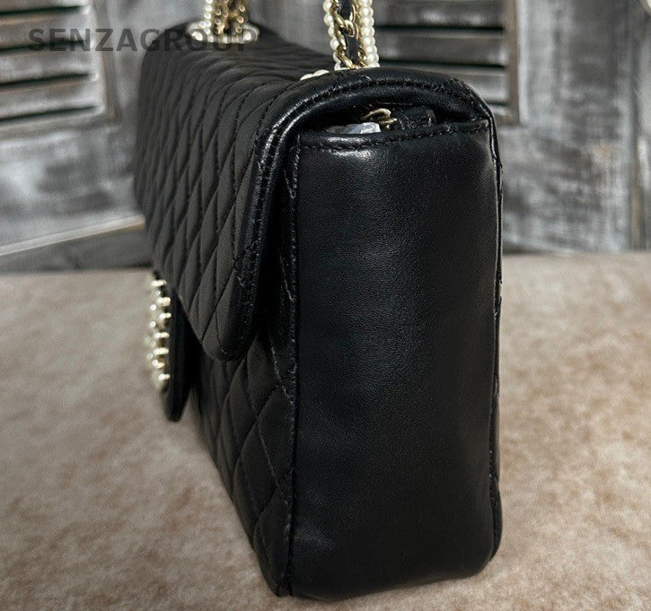 Chanel Classic Flap Lambskin Pearl Chain Shoulder Bag Black Gold Diamond Women