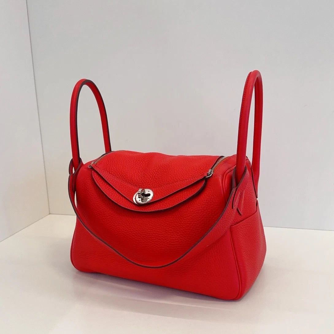 Hermes Lindy26 Top Handle Shoulder Bag Red Silver Women Classic Fashion