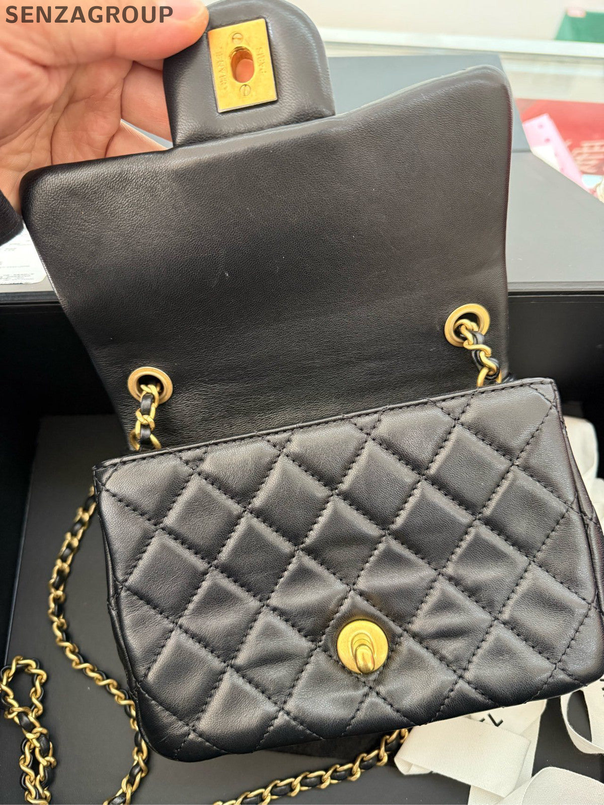Chanel Classic Flap Quilted Chain Shoulder Bag Black Gold