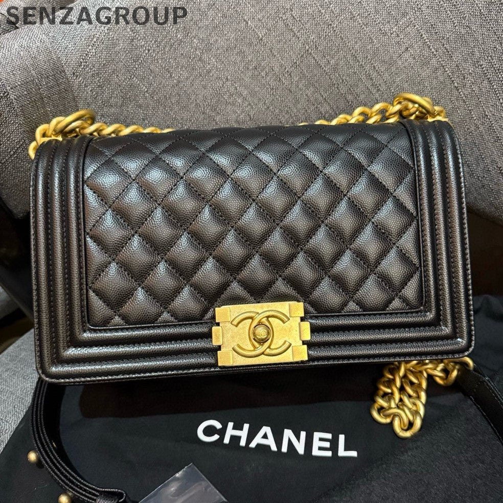 Chanel Black Gold Medium Le Boy Quilted Chain Shoulder Bag Classic