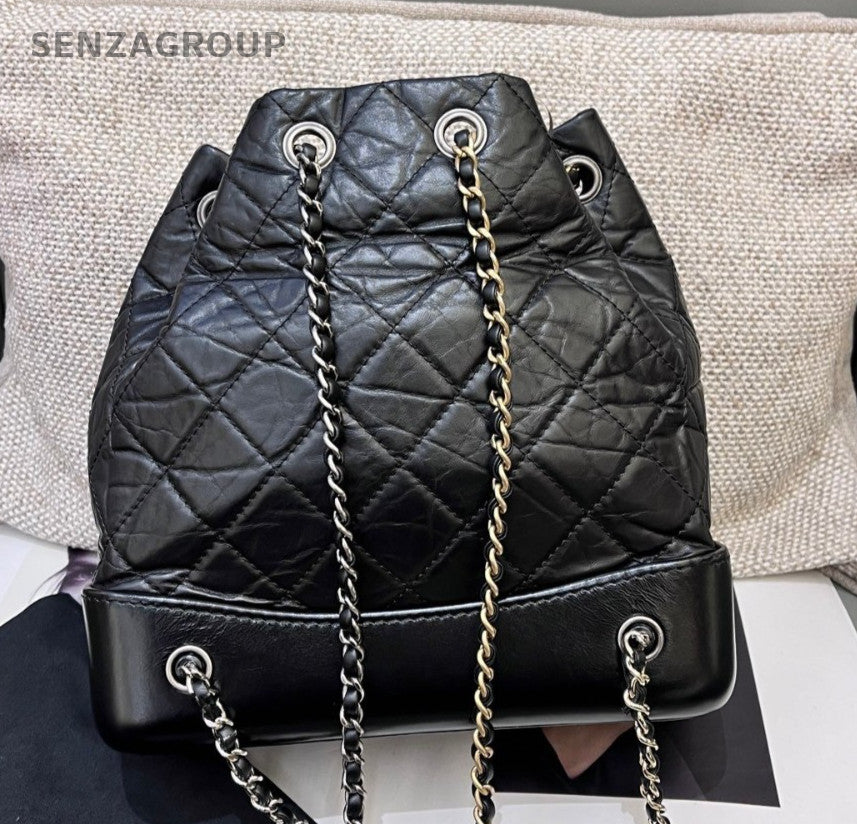 Chanel Gabrielle Diamond Chain Backpack Black Gold Silver Used Women Classic