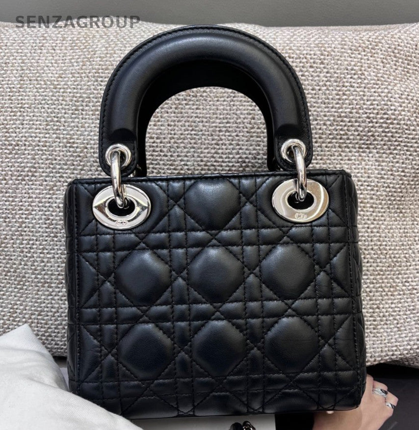 Christian Dior Lady Dior Chain Top Handle Bag Crossbody Black Red Silver Women