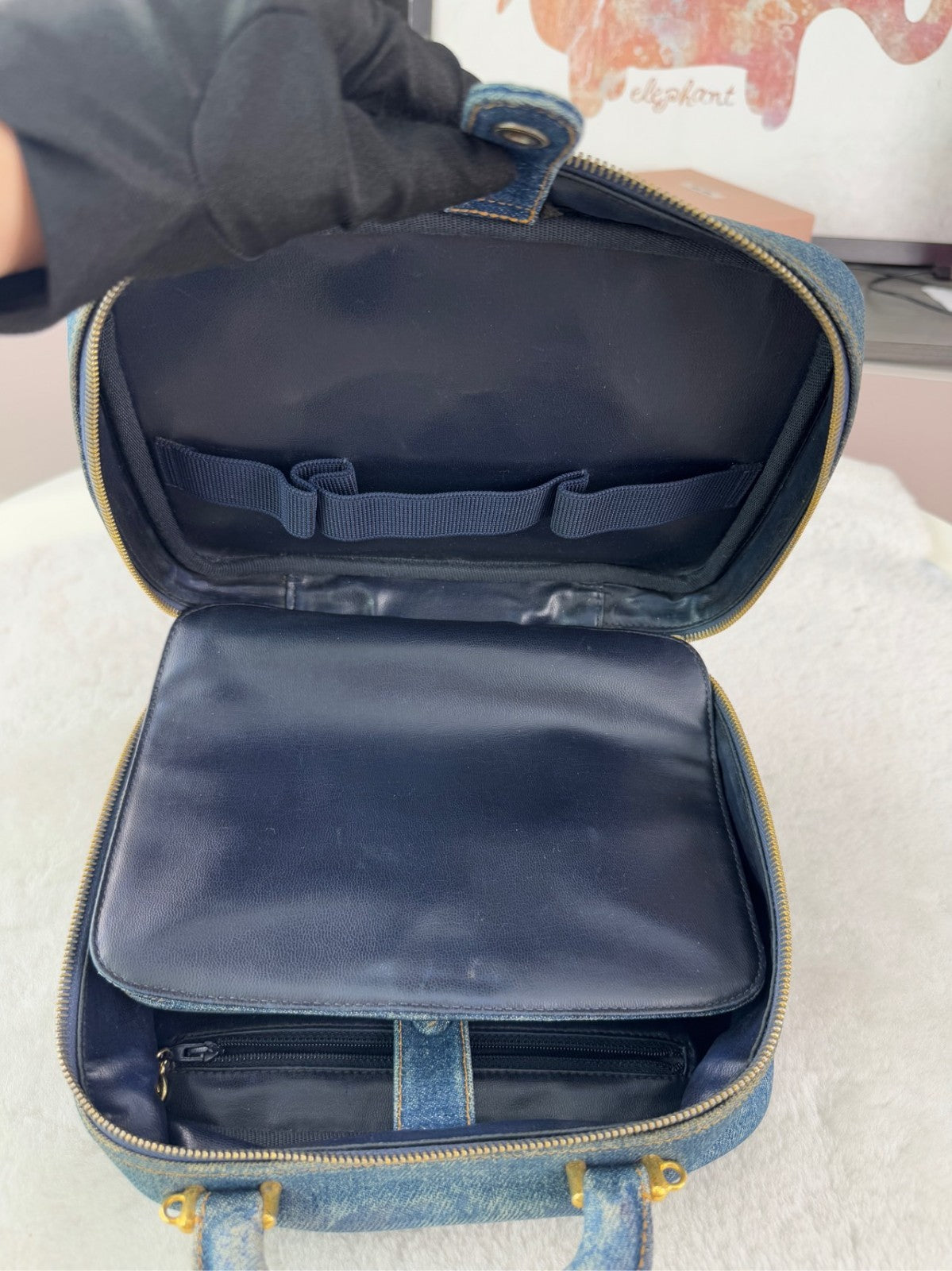 CHANEL Top Handle Make up case Denim Handbag Blue