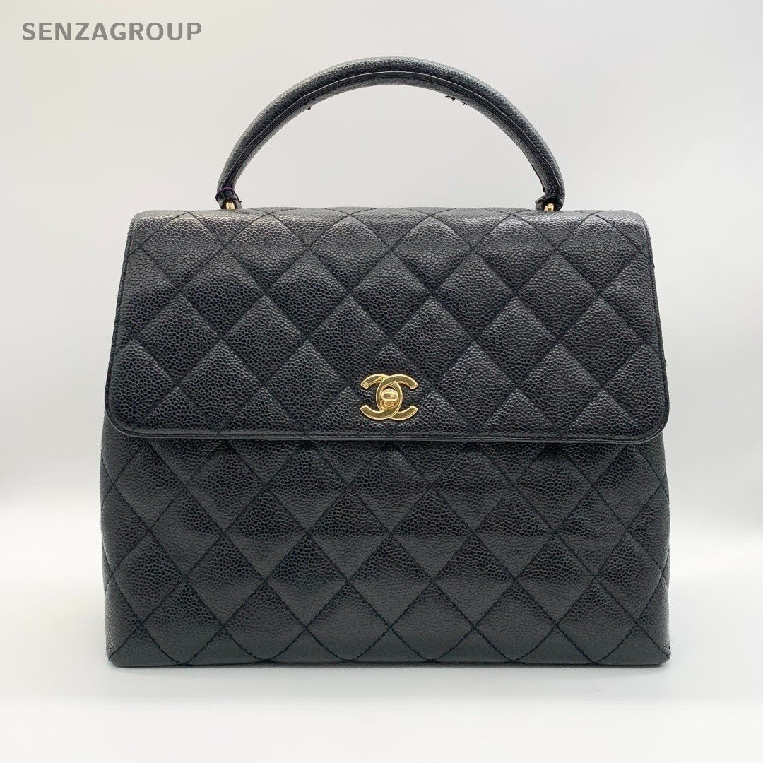 Chanel Vintage Kelly Caviar Leather Handbag Top Handle Bag Women Black