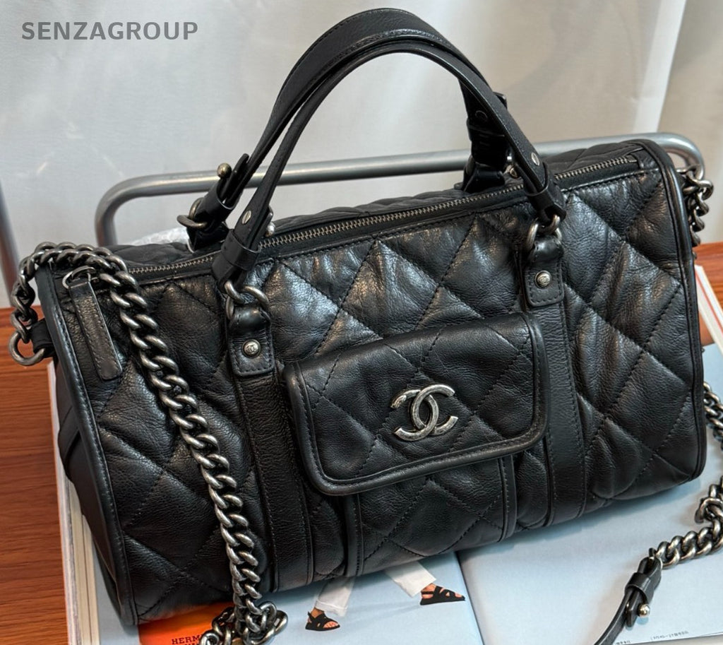 Chanel Bowling Chain Crossbody Handbag Black Red Silver Women Classic