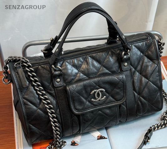Chanel Bowling Chain Crossbody Handbag Black Red Silver Women Classic