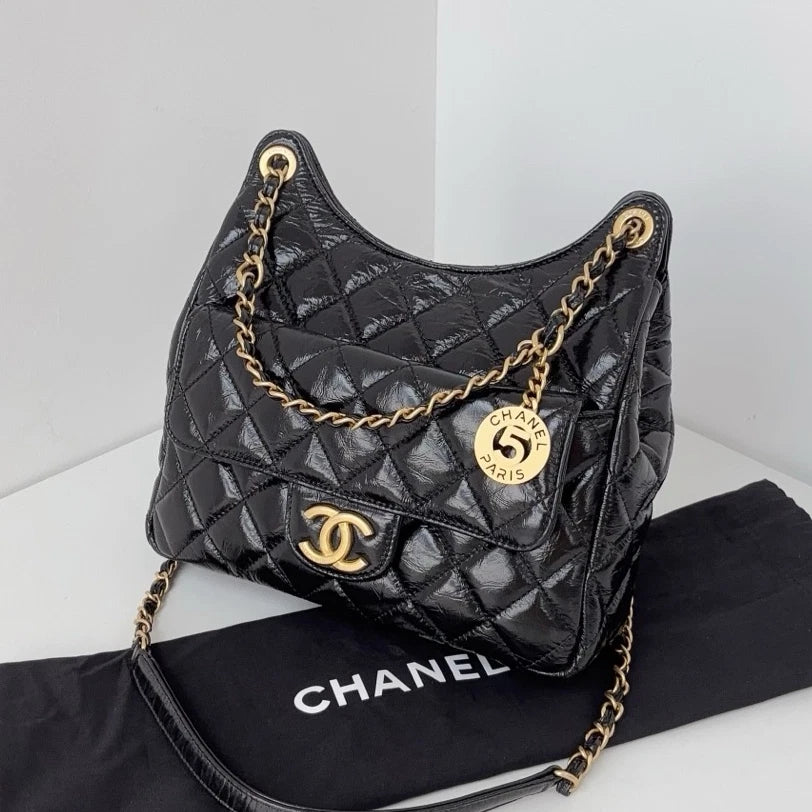Chip Version Chanel Hobo MM Diamond Gold Chain Black Shoulder Bag Crossbody