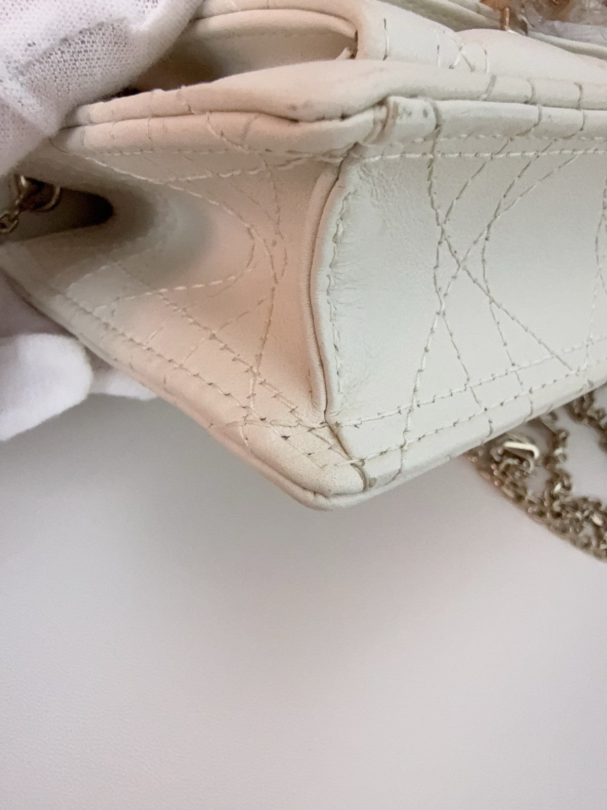 Christian Dior Woc Lambskin Wicker check pattern Chain Shoulder bag White Gold