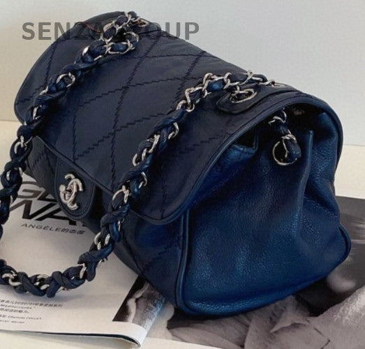Chanel Classic Flap Chain Calfskin Shoulder Bag Blue Silver Diamond Women