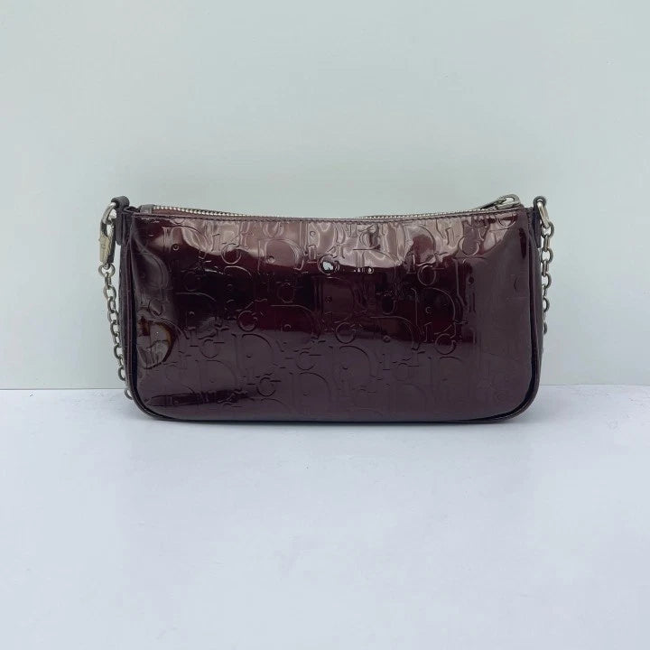 Dior Women's Red Patent Leather Monogram Chain Shoulder Clutch Bag