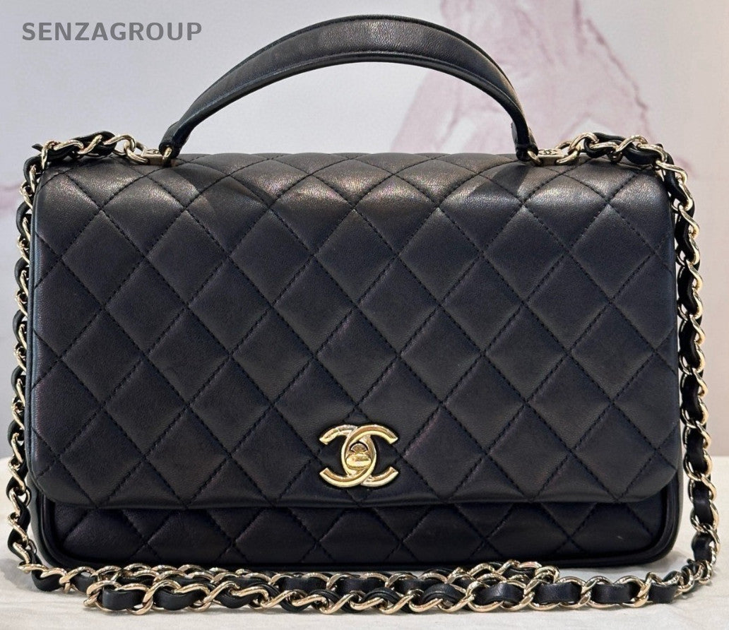 Chanel Classic Flap Lambskin Chain Shoulder Bag Black Gold Women Diamond Pattern