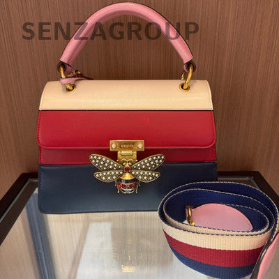 Gucci Margaret Leather Pearl Bee Shoulder Crossbody Bag Red Pink Blue