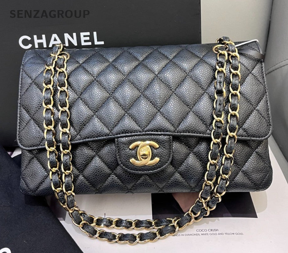 Chanel Classic Flap MM Chain Shoulder Bag Black Gold Diamond Women Fashion
