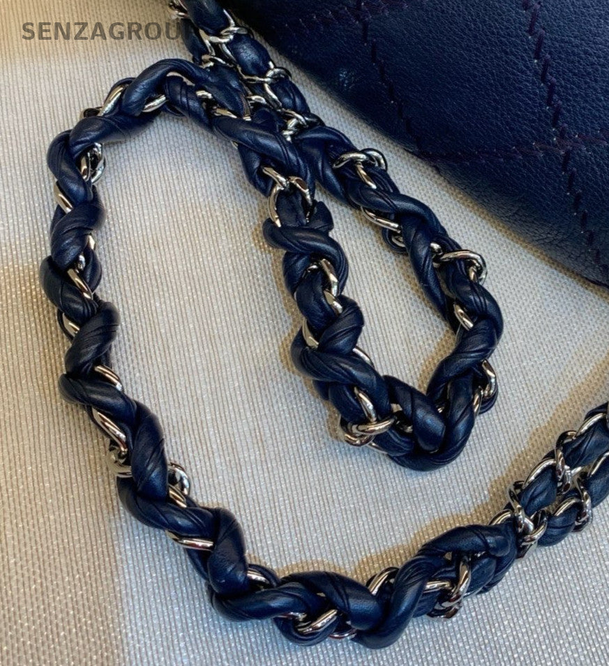Chanel Classic Flap Calfskin Chain Shoulder Bag Blue Silver Used Women