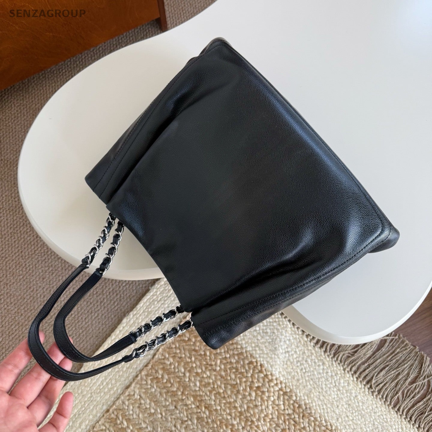 CHANEL CC Logo Relief sculpture Tote Calfskin Shoulder bag Women Black Silver