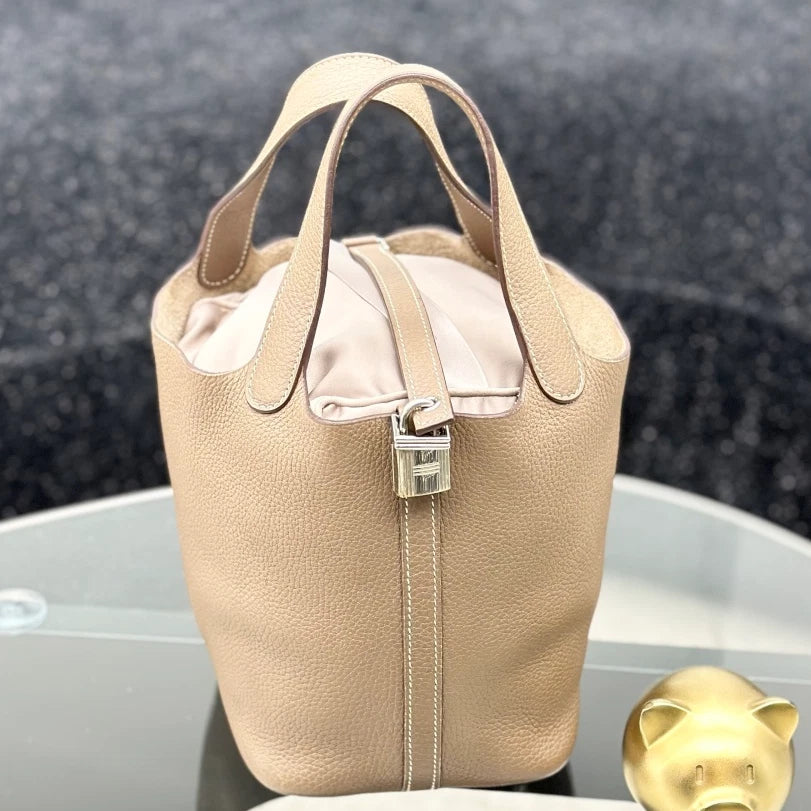 Hermes Picotin 18 Bucket Calfskin Top Handle Bag Gray Women Fashion S