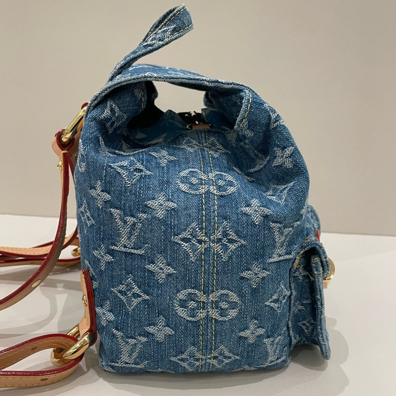 Louis Vuitton Denim Monogram Backpack Blue Gold Buckle Women's Classic