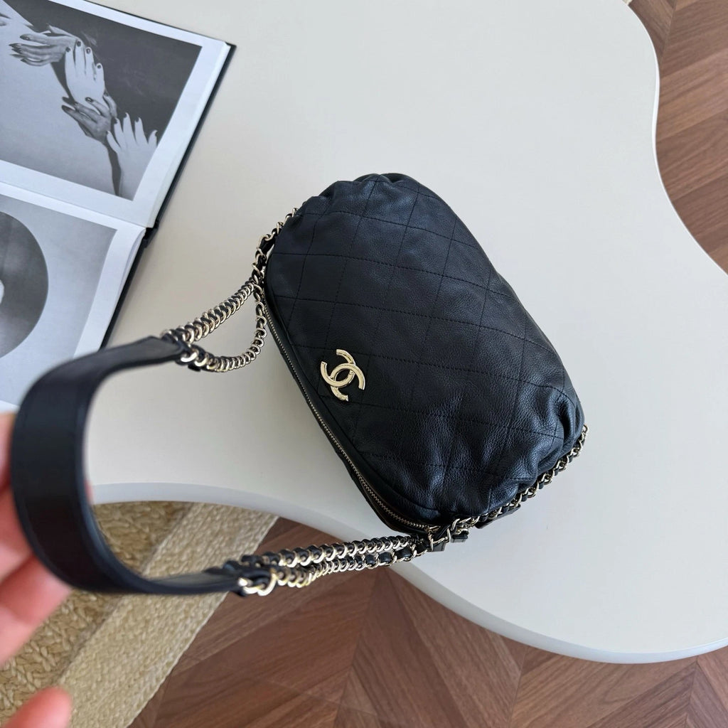 Chanel Calfskin Hobo Chain Shoulder Bag Black Gold Used Women Classic