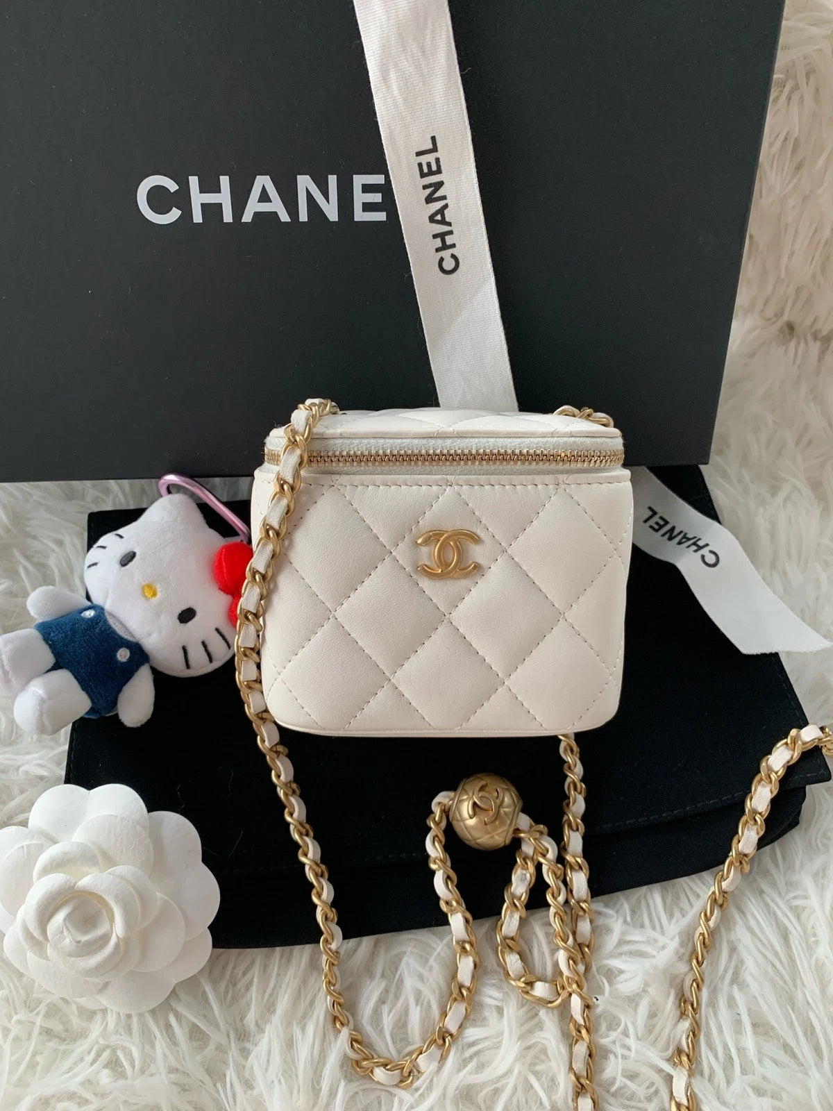 CHANEL White Lambskin Gold Ball Mini Box Crossbody Bag For Women