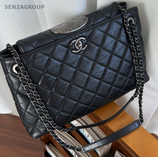 Chanel Mumbai Tote Shoulder Bag Black Silver Women