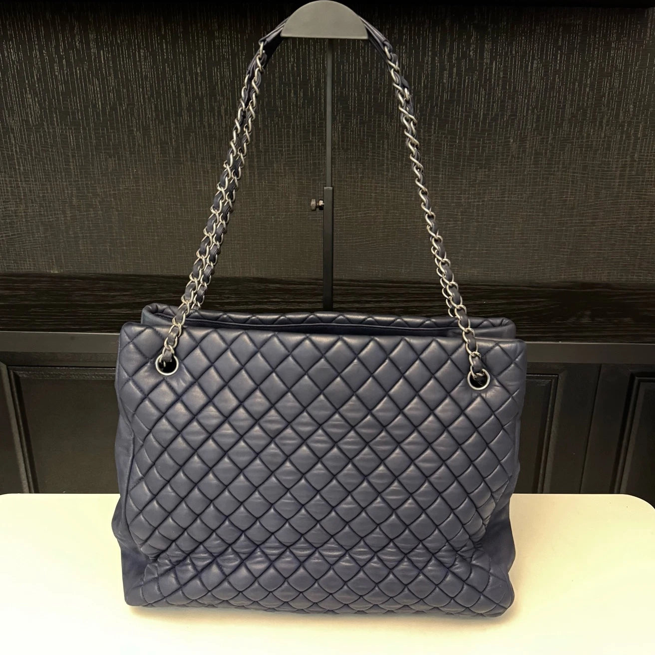 Chanel Bubble Quilt Tote Chain Shoulder Bag Blue Silver Women Diamond Classic