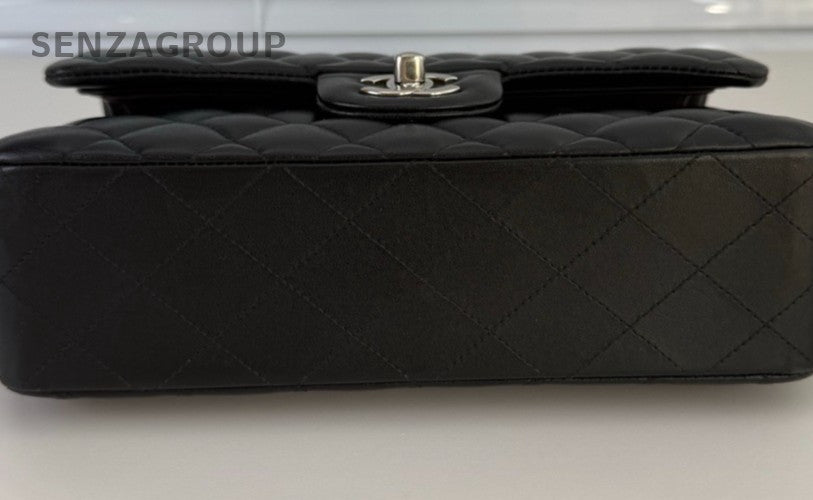 Chanel Classic Flap Lambskin PM Chain Shoulder Bag Black Silver Used Women